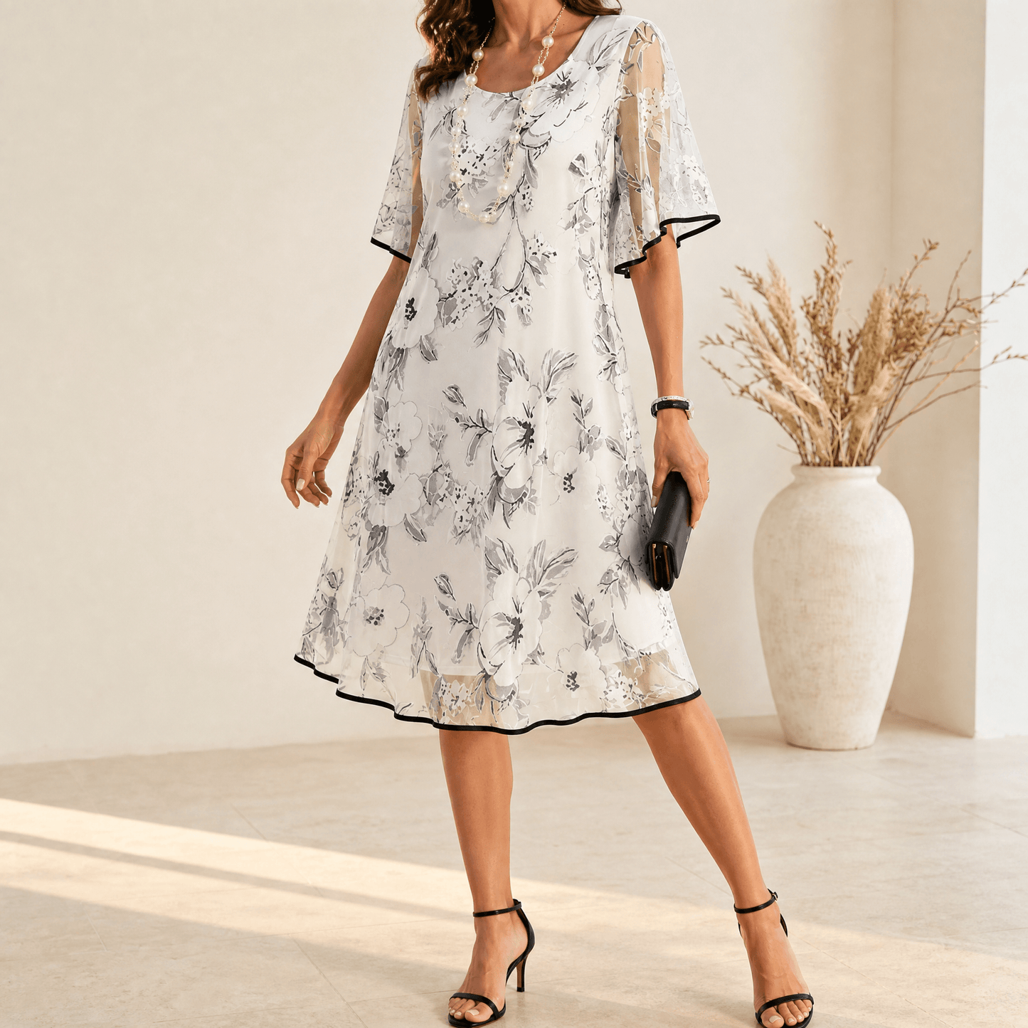 Women's Floral Dress with Sheer Overlay