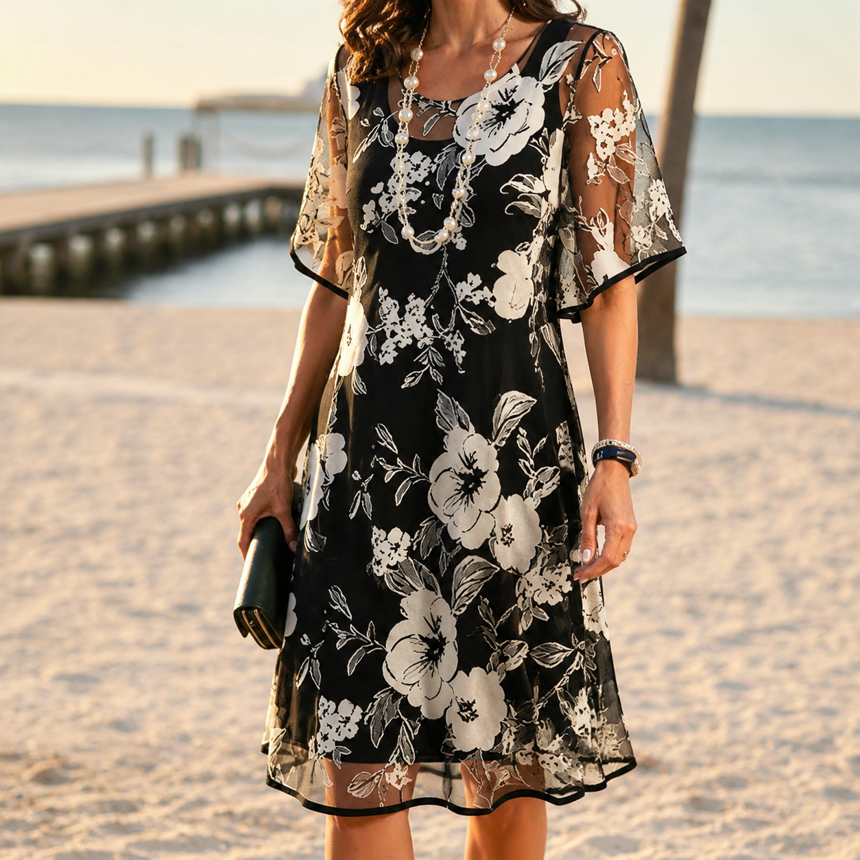 Women's Floral Dress with Sheer Overlay