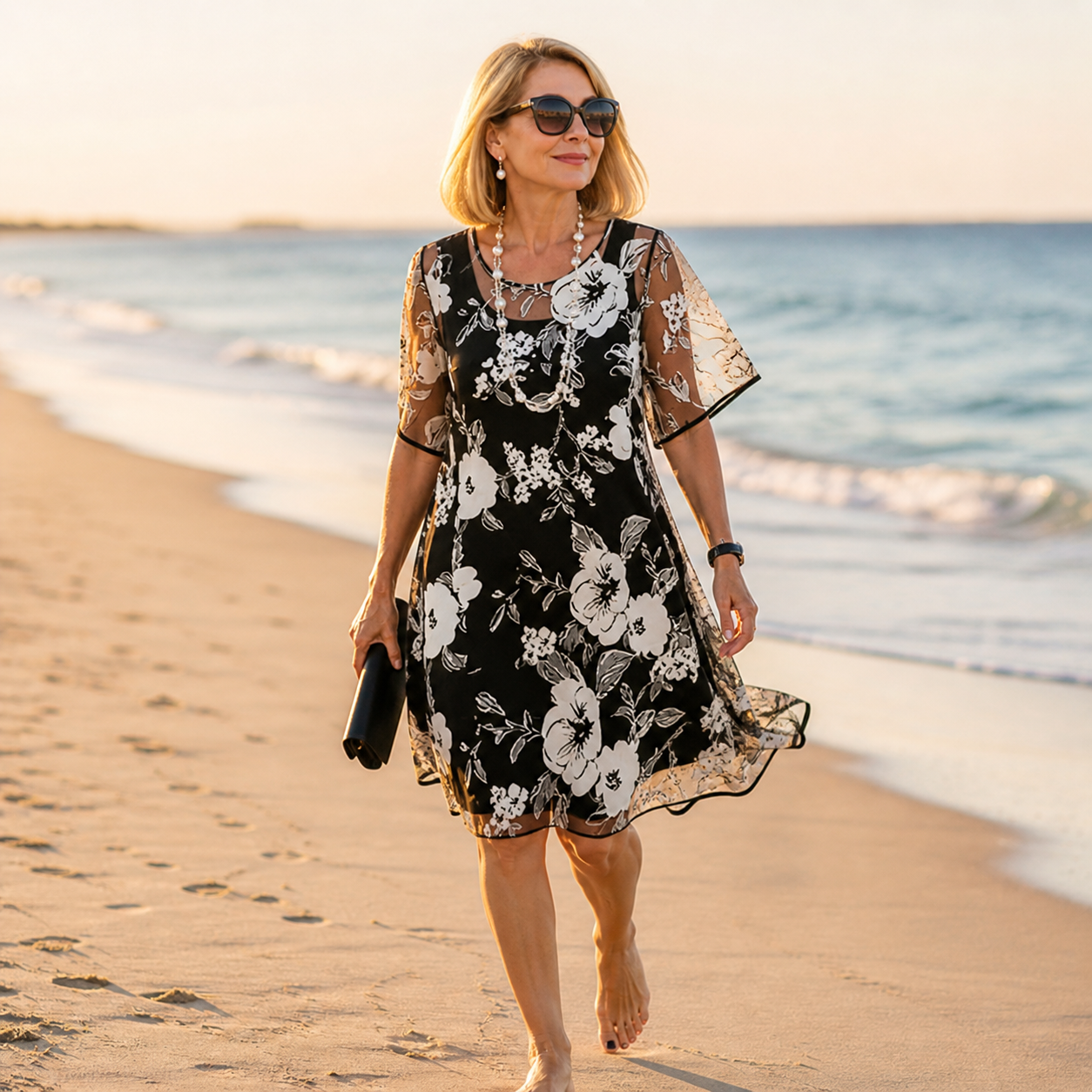 Women's Floral Dress with Sheer Overlay