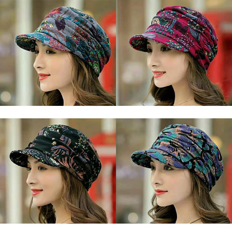 Women's Floral Pleated Cap with Short Brim - Warm and Stylish
