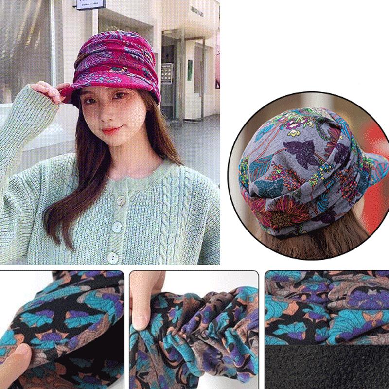 Women's Floral Pleated Cap with Short Brim - Warm and Stylish