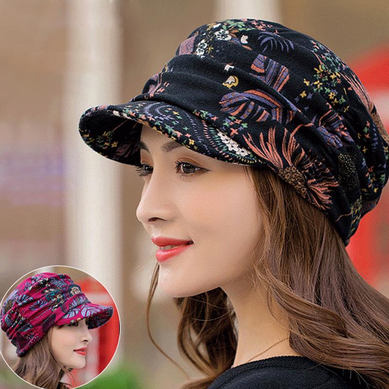 Women's Floral Pleated Cap with Short Brim - Warm and Stylish
