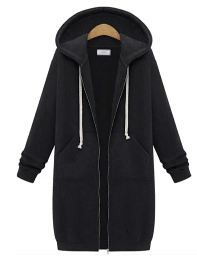 Women's Hooded Zip-Up Sweatshirt – Knee-Length Comfort and Style