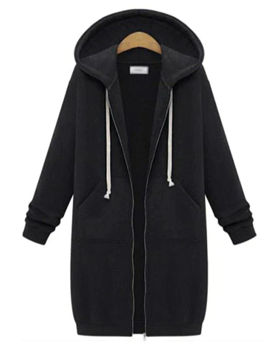 Women's Hooded Zip-Up Sweatshirt – Knee-Length Comfort and Style