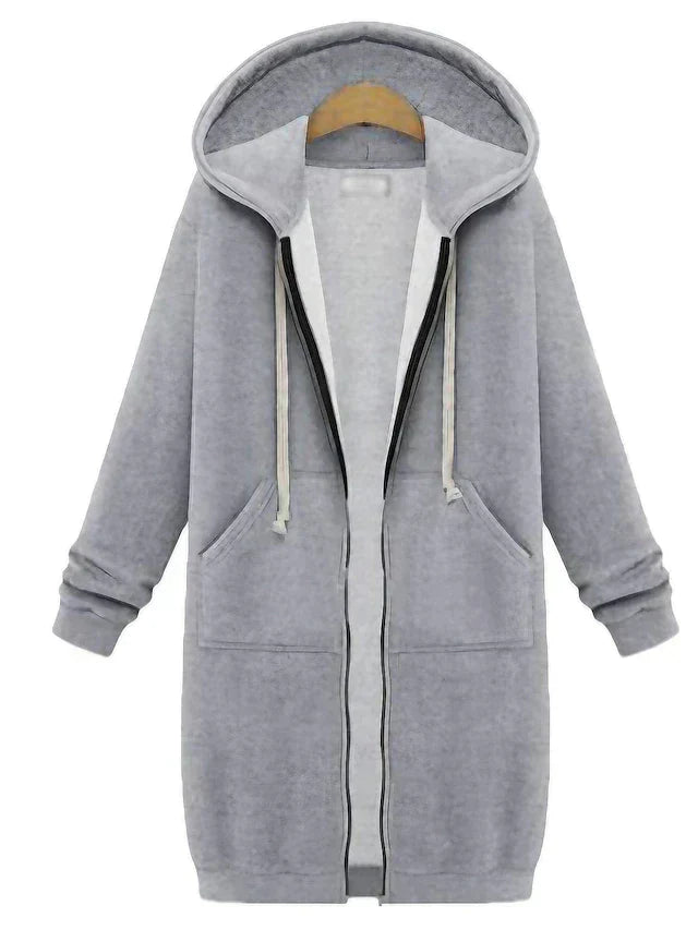 Women's Hooded Zip-Up Sweatshirt – Knee-Length Comfort and Style