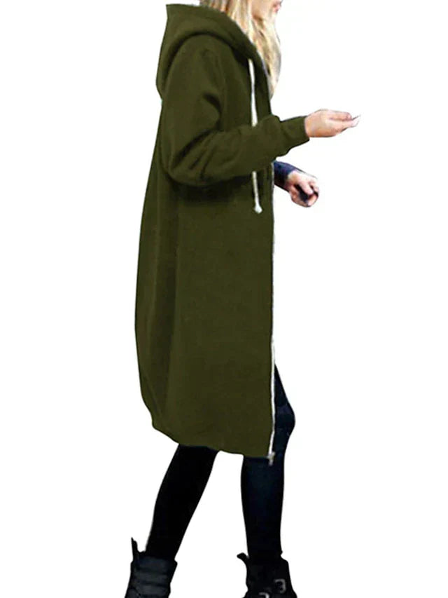 Women's Hooded Zip-Up Sweatshirt – Knee-Length Comfort and Style
