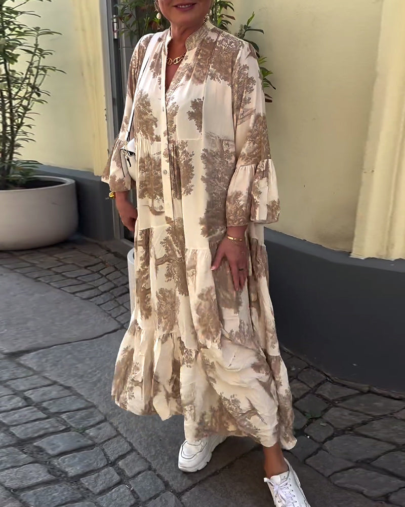 Women's loose-fit patchwork dress with V-neck and ruffle sleeves
