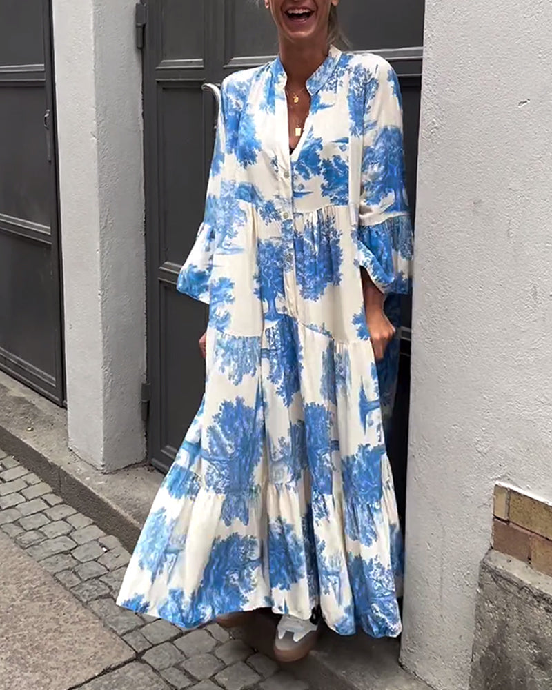 Women's loose-fit patchwork dress with V-neck and ruffle sleeves