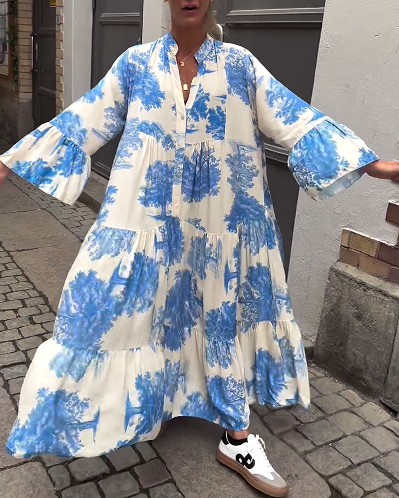 Women's loose-fit patchwork dress with V-neck and ruffle sleeves