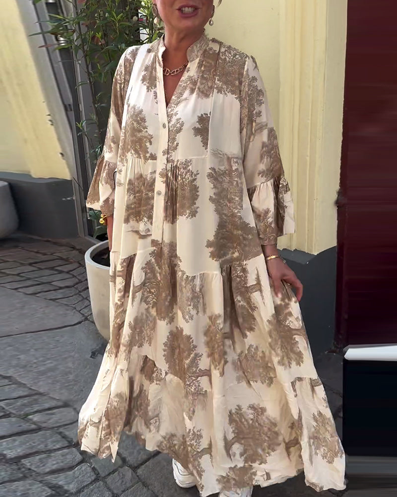 Women's loose-fit patchwork dress with V-neck and ruffle sleeves