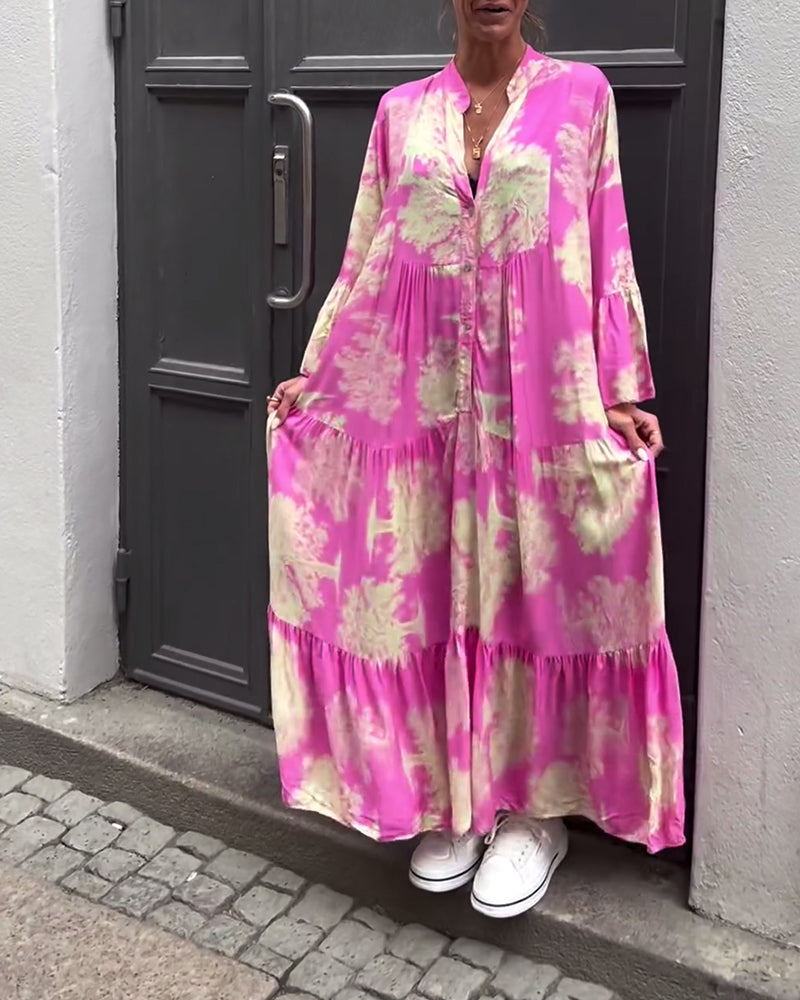Women's loose-fit patchwork dress with V-neck and ruffle sleeves