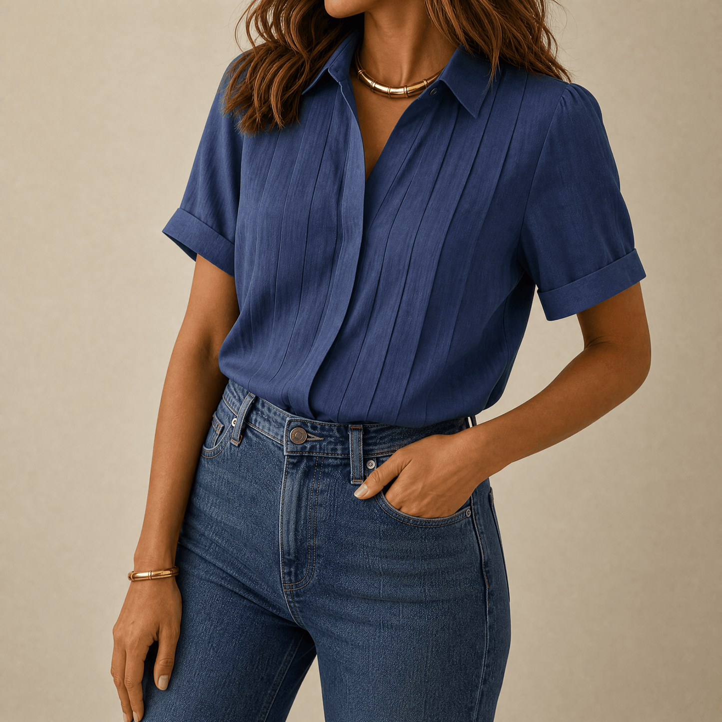 Women's Pleated Short-Sleeve Blouse
