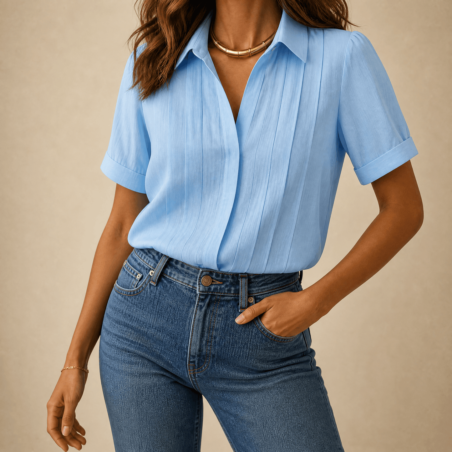 Women's Pleated Short-Sleeve Blouse