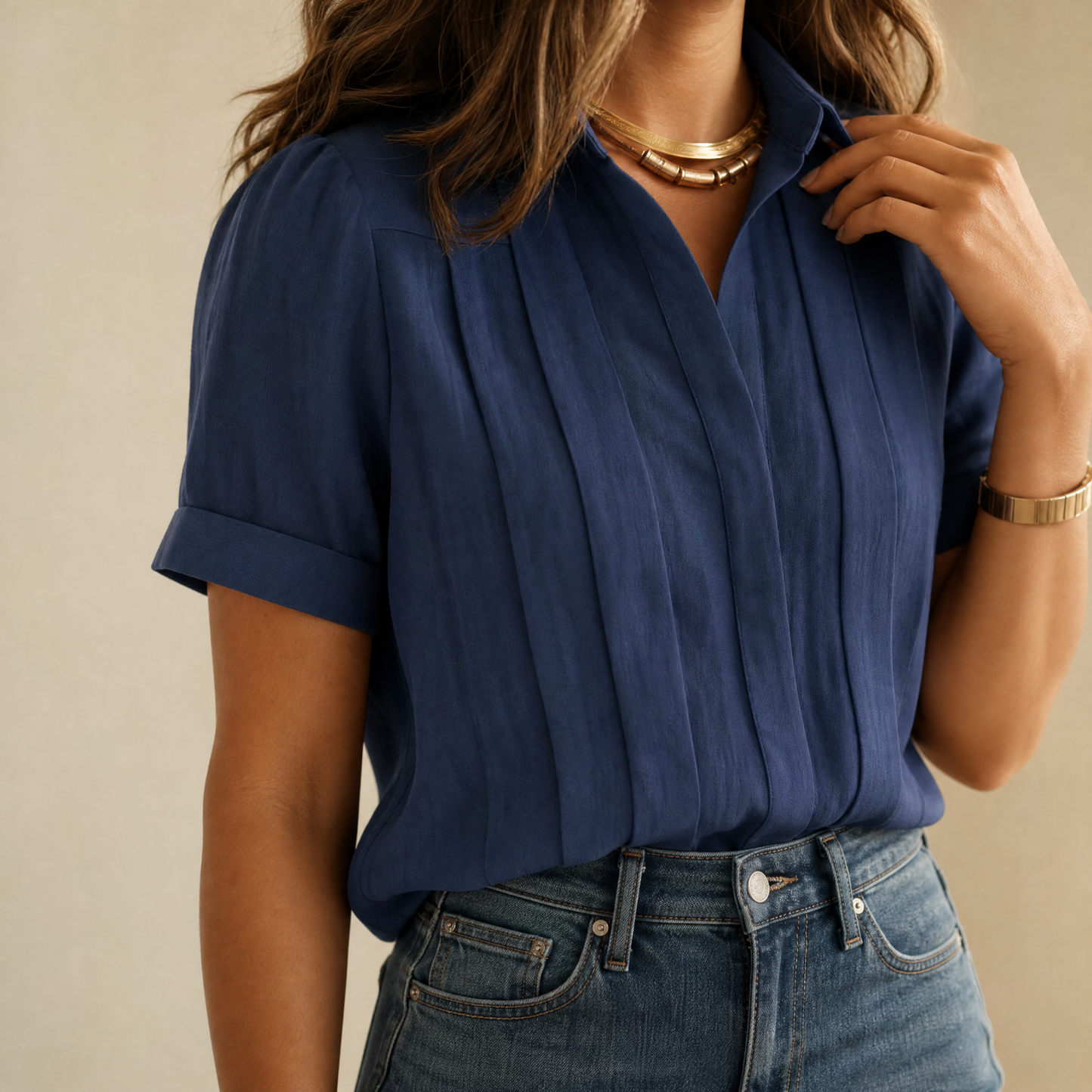 Women's Pleated Short-Sleeve Blouse