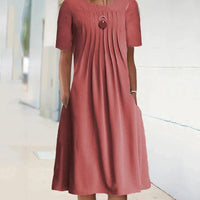 Women's Pleated Solid Long Sleeve Dress with Round Neck
