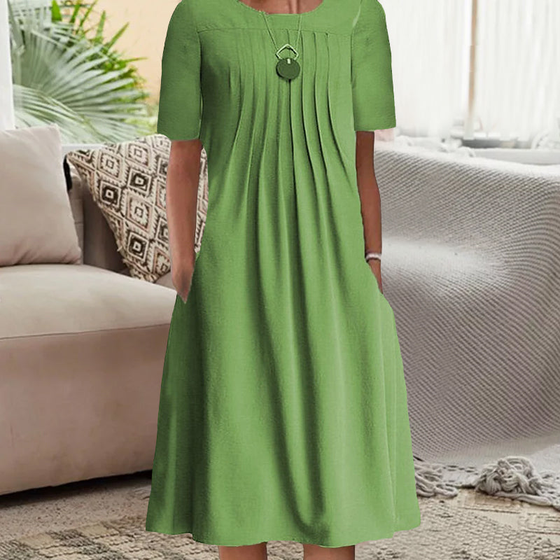 Women's Pleated Solid Long Sleeve Dress with Round Neck