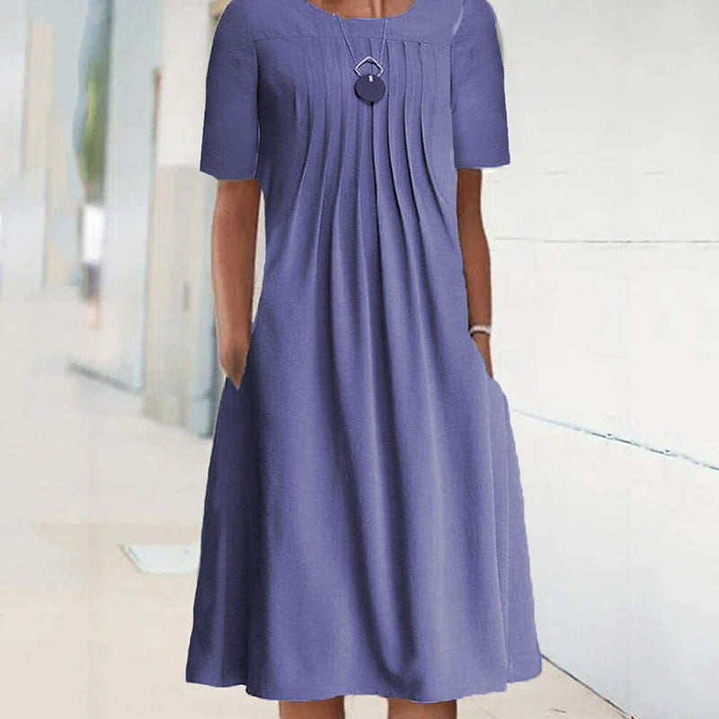 Women's Pleated Solid Long Sleeve Dress with Round Neck