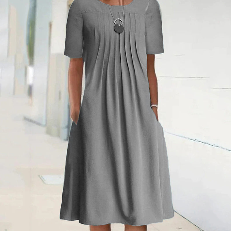Women's Pleated Solid Long Sleeve Dress with Round Neck