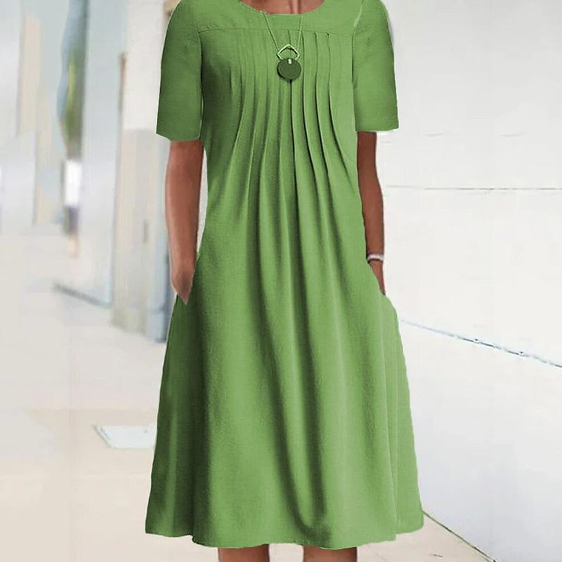 Women's Pleated Solid Long Sleeve Dress with Round Neck