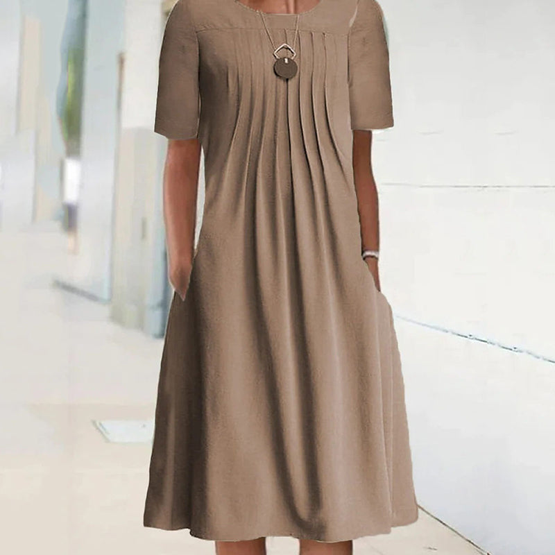 Women's Pleated Solid Long Sleeve Dress with Round Neck