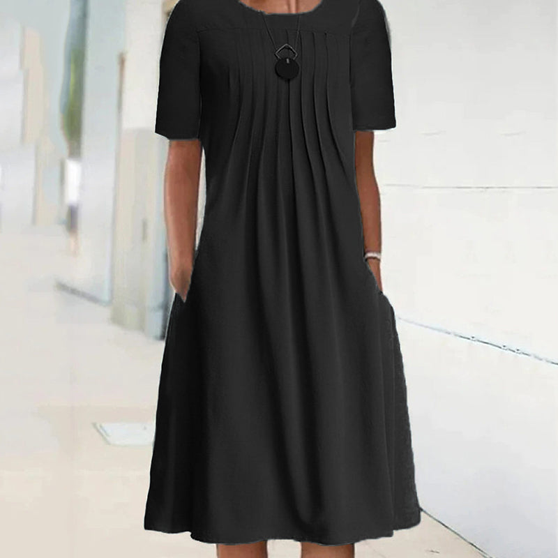 Women's Pleated Solid Long Sleeve Dress with Round Neck