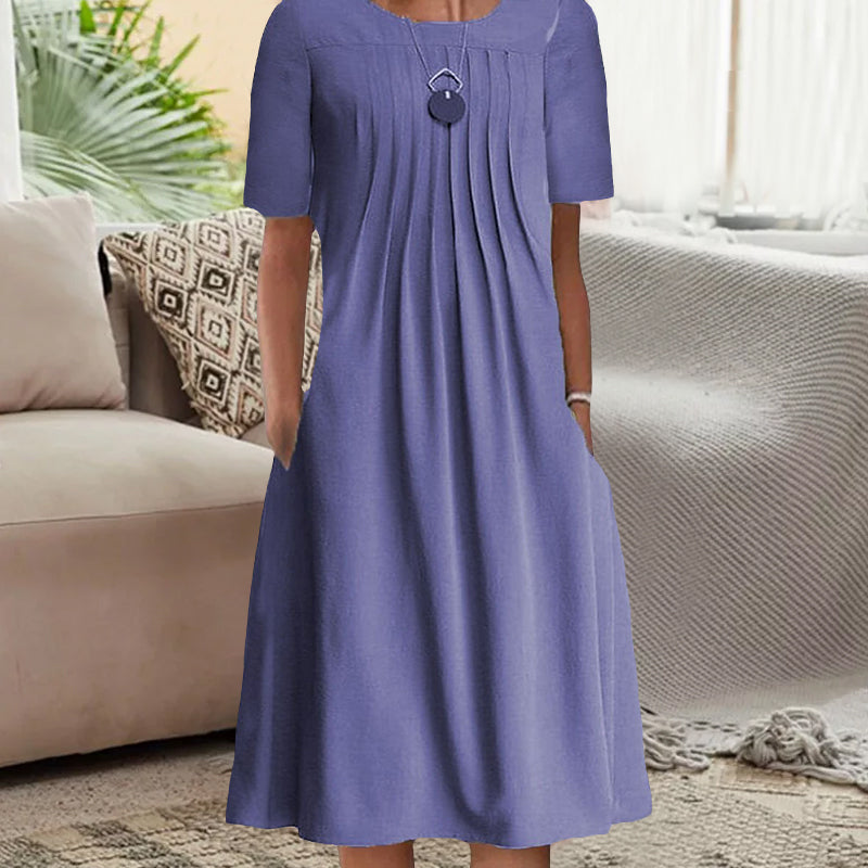 Women's Pleated Solid Long Sleeve Dress with Round Neck