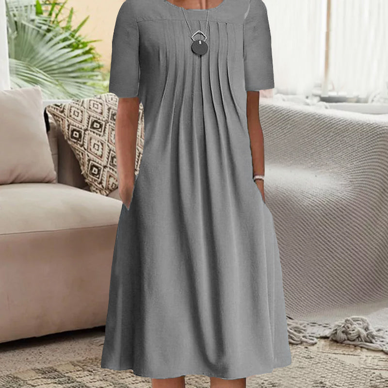 Women's Pleated Solid Long Sleeve Dress with Round Neck