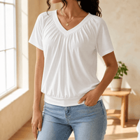 Women's pleated V-neck blouson top