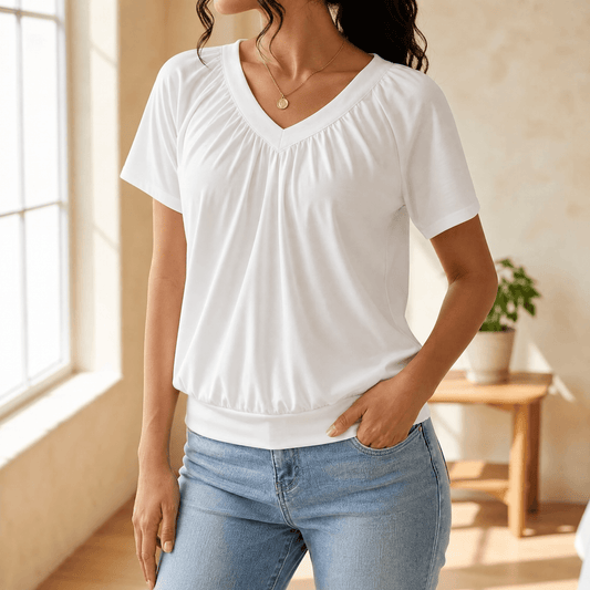 Women's pleated V-neck blouson top