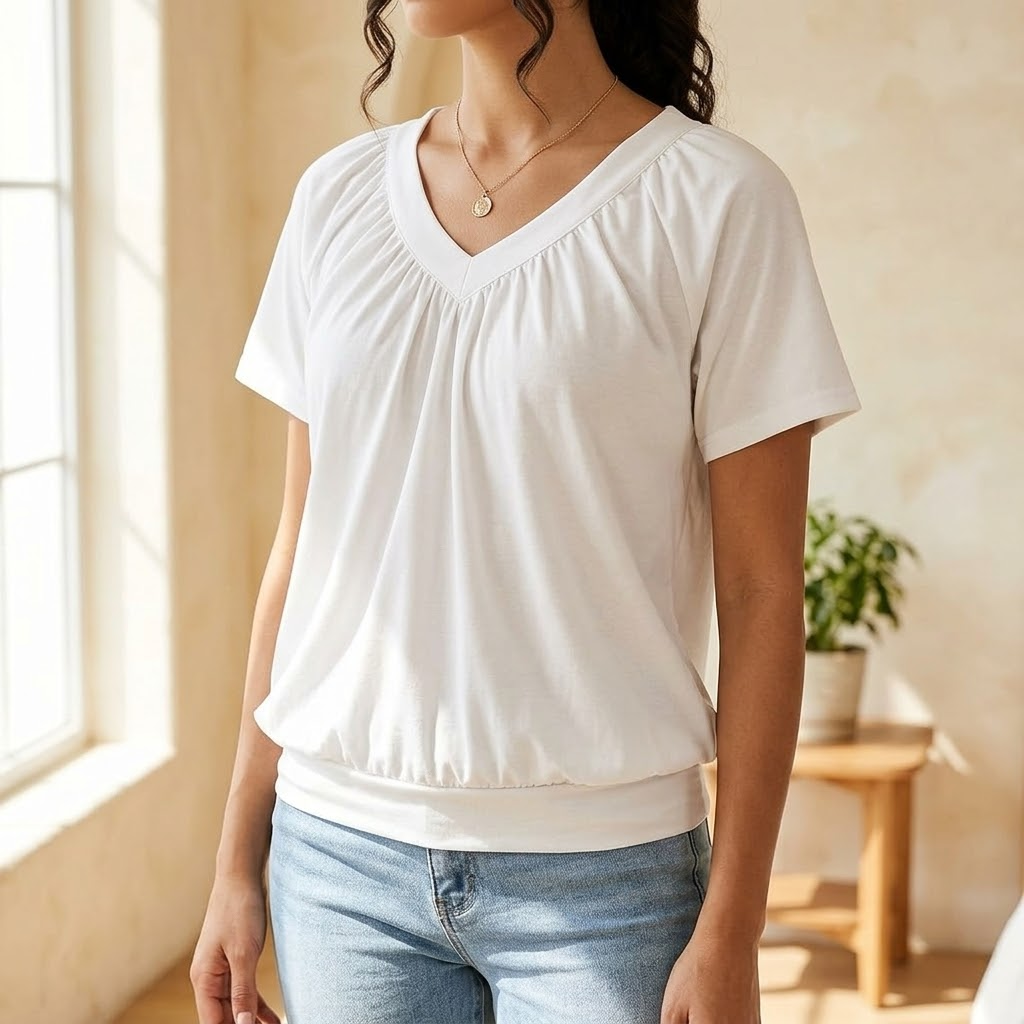 Women's pleated V-neck blouson top