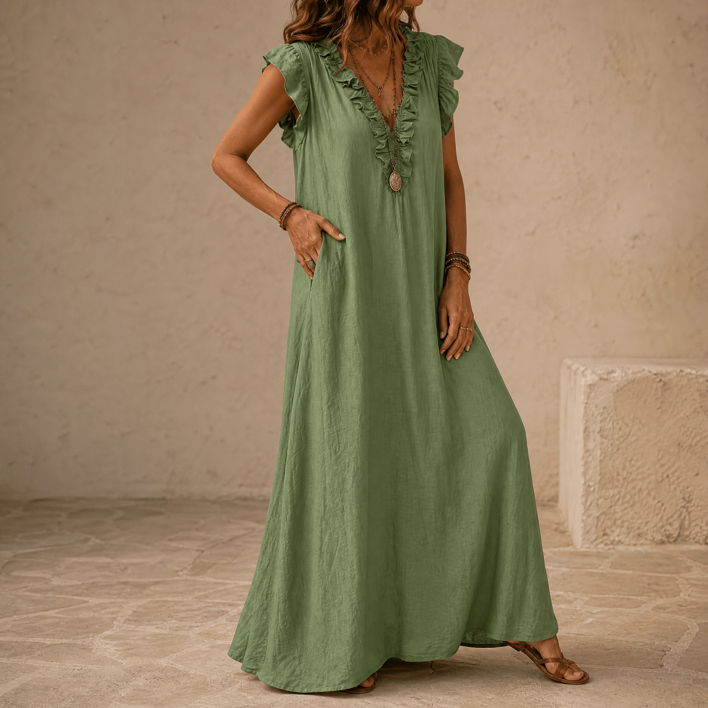 Women's Ruffle-V Midi Dress with Pockets