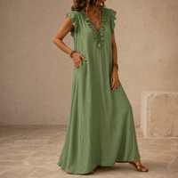Women's Ruffle-V Midi Dress with Pockets