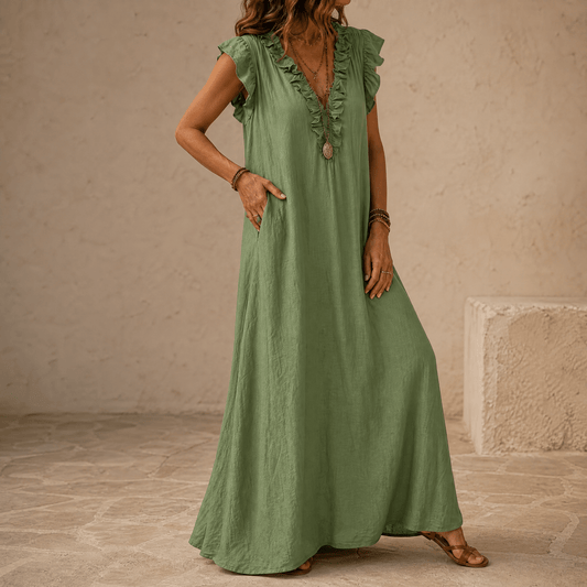 Women's Ruffle-V Midi Dress with Pockets