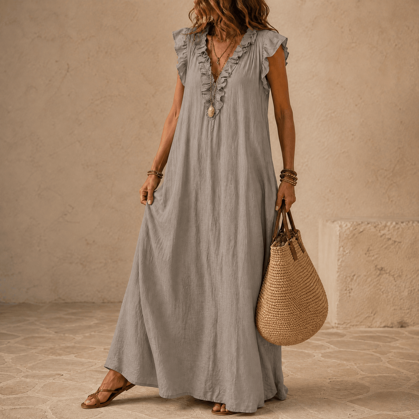 Women's Ruffle-V Midi Dress with Pockets