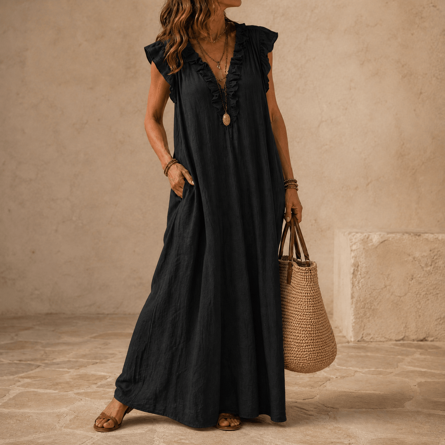 Women's Ruffle-V Midi Dress with Pockets