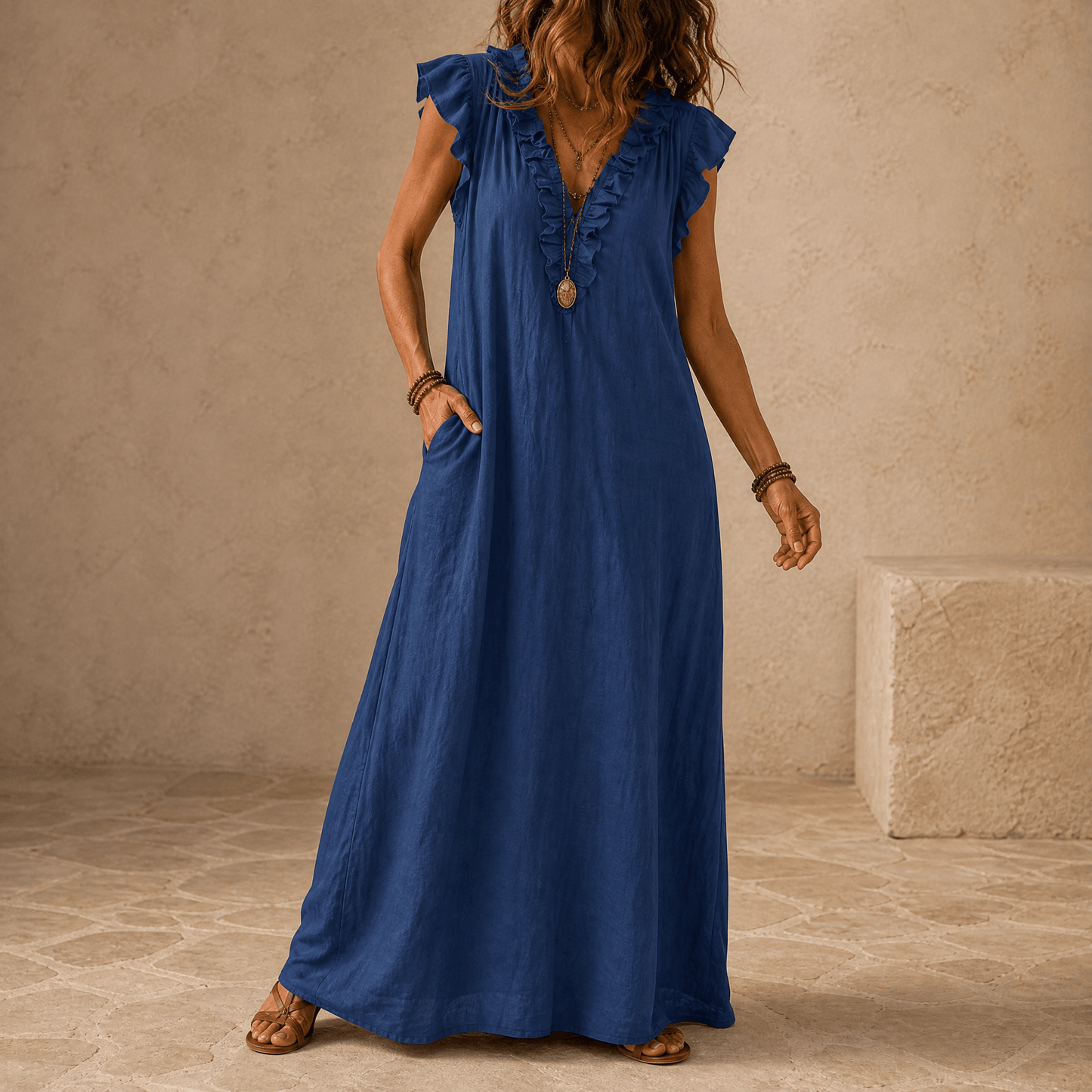 Women's Ruffle-V Midi Dress with Pockets