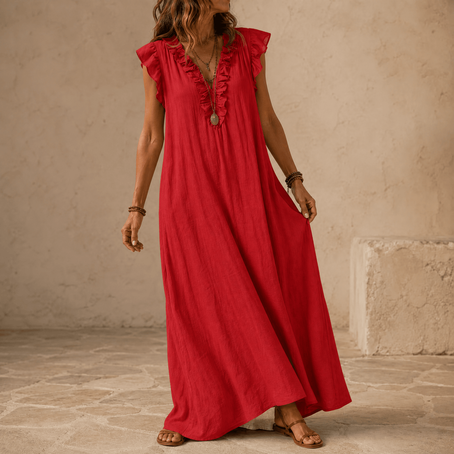 Women's Ruffle-V Midi Dress with Pockets