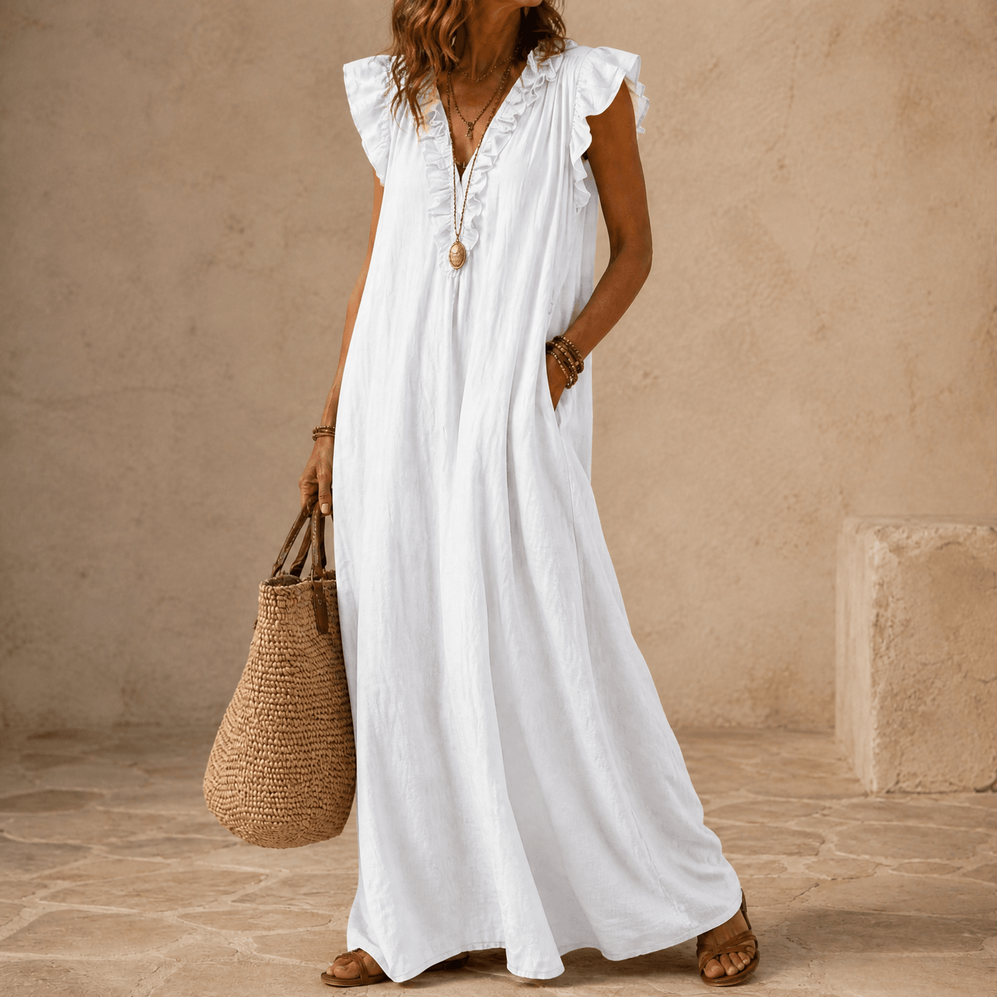 Women's Ruffle-V Midi Dress with Pockets