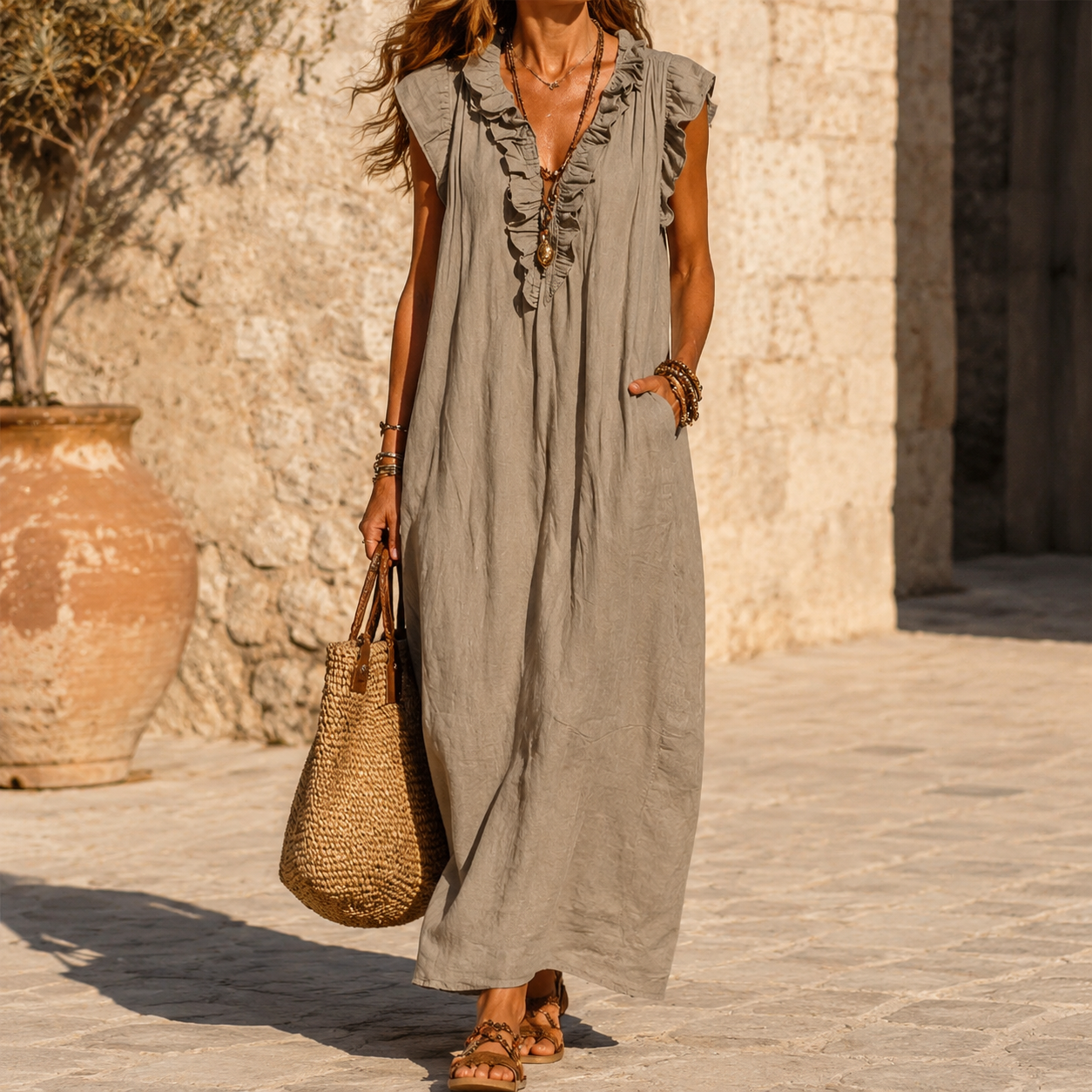 Women's Ruffle-V Midi Dress with Pockets