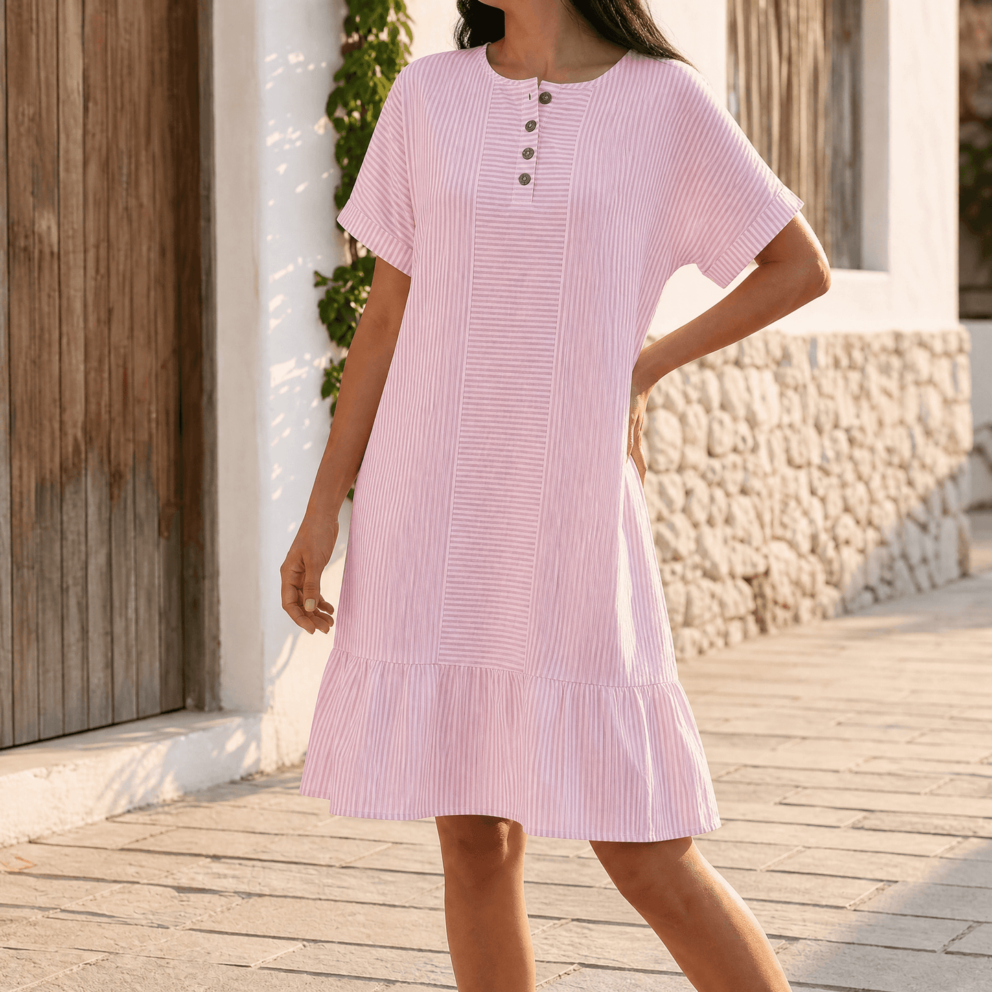Women's Striped Button-Placket Mini Dress with Pockets