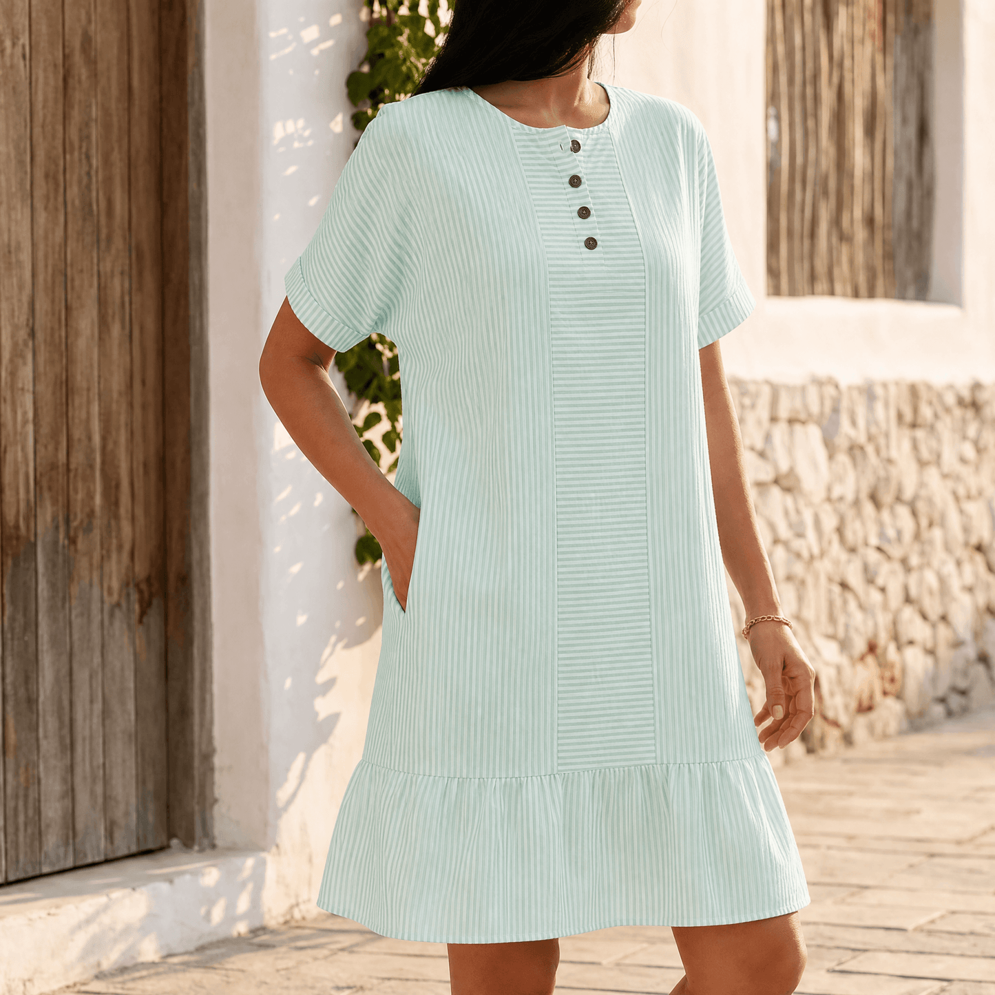 Women's Striped Button-Placket Mini Dress with Pockets