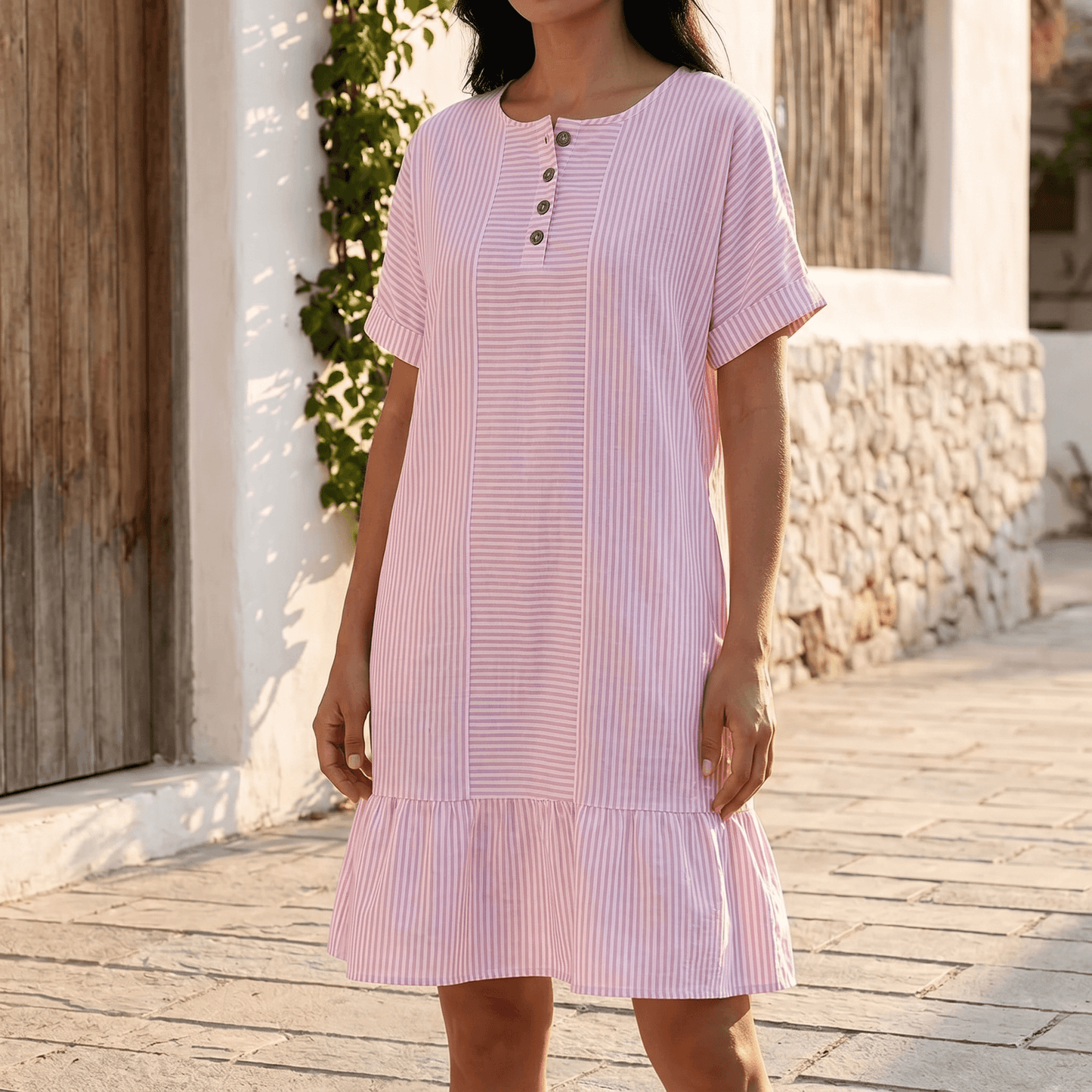 Women's Striped Button-Placket Mini Dress with Pockets