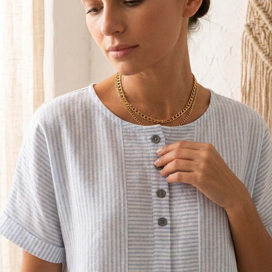Women's Striped Button-Placket Mini Dress with Pockets