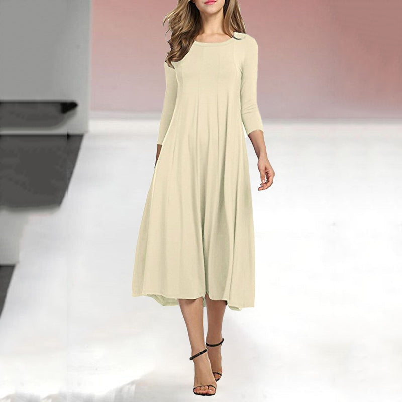 Women's Three-Quarter Sleeve Solid Casual Swing Dress