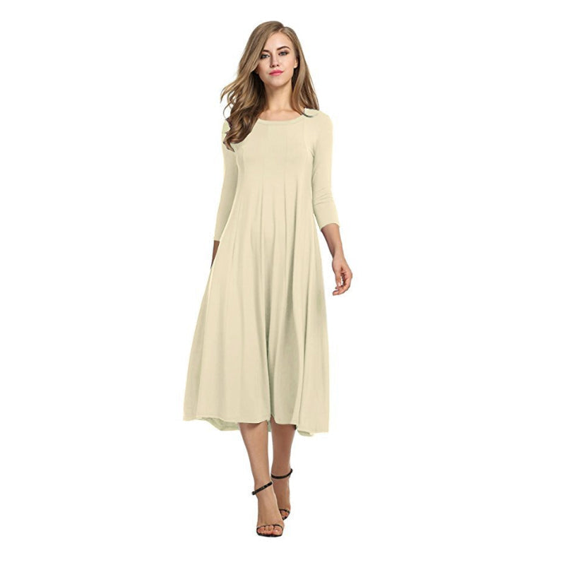 Women's Three-Quarter Sleeve Solid Casual Swing Dress