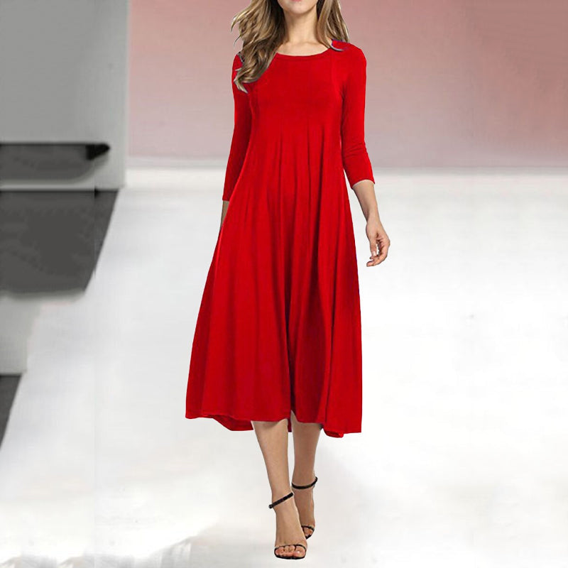 Women's Three-Quarter Sleeve Solid Casual Swing Dress
