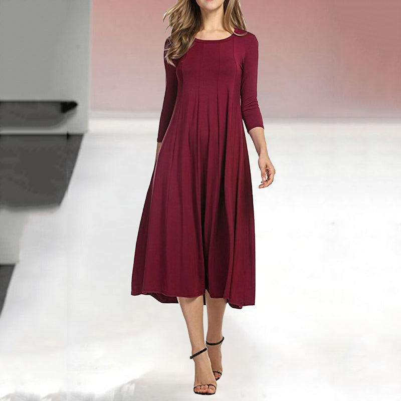Women's Three-Quarter Sleeve Solid Casual Swing Dress