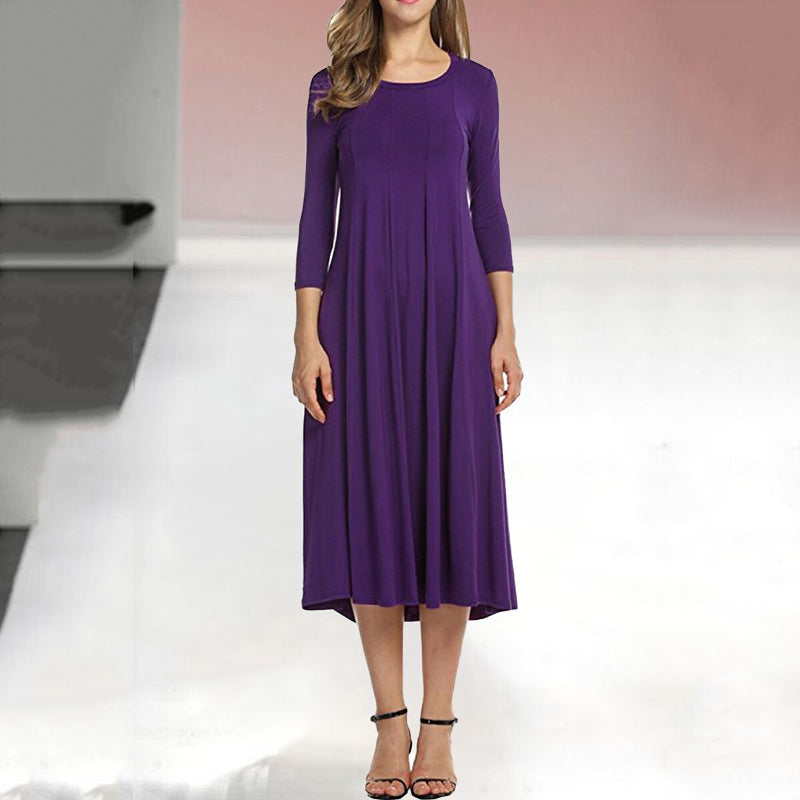 Women's Three-Quarter Sleeve Solid Casual Swing Dress