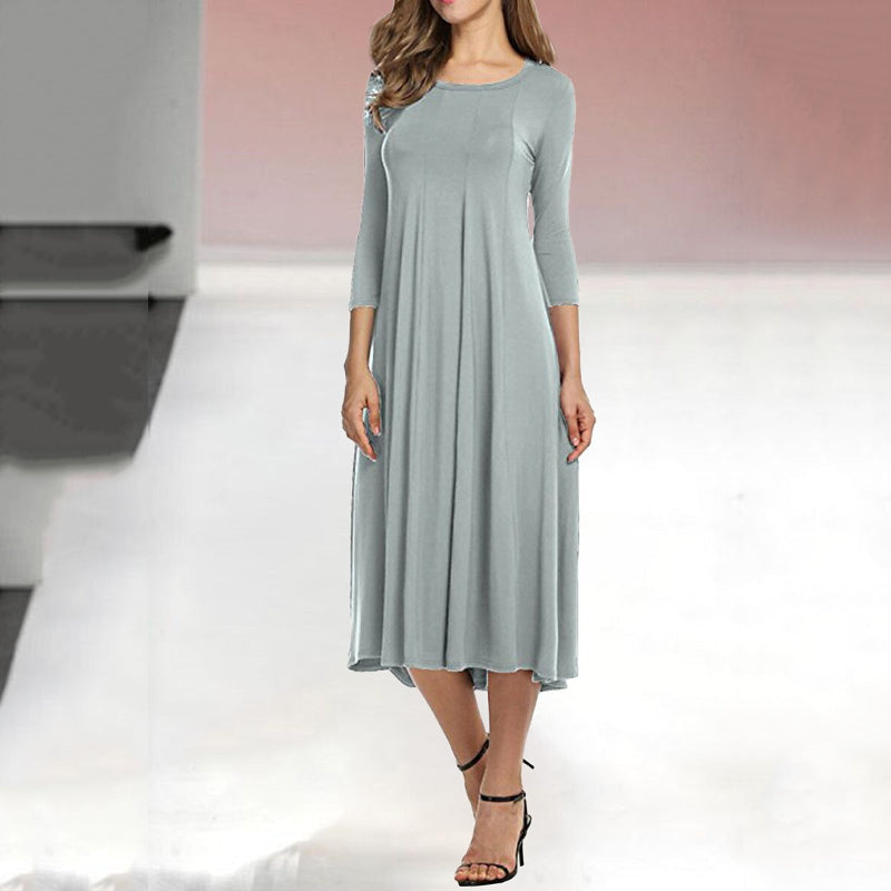 Women's Three-Quarter Sleeve Solid Casual Swing Dress