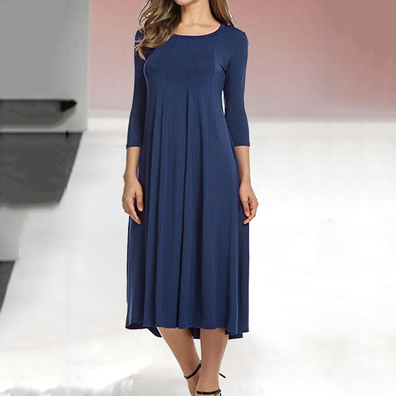 Women's Three-Quarter Sleeve Solid Casual Swing Dress